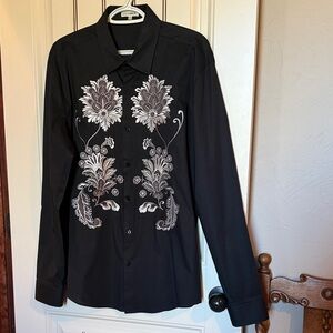Naracamicie Black Shirt with White and Gray  Floral Embroidery